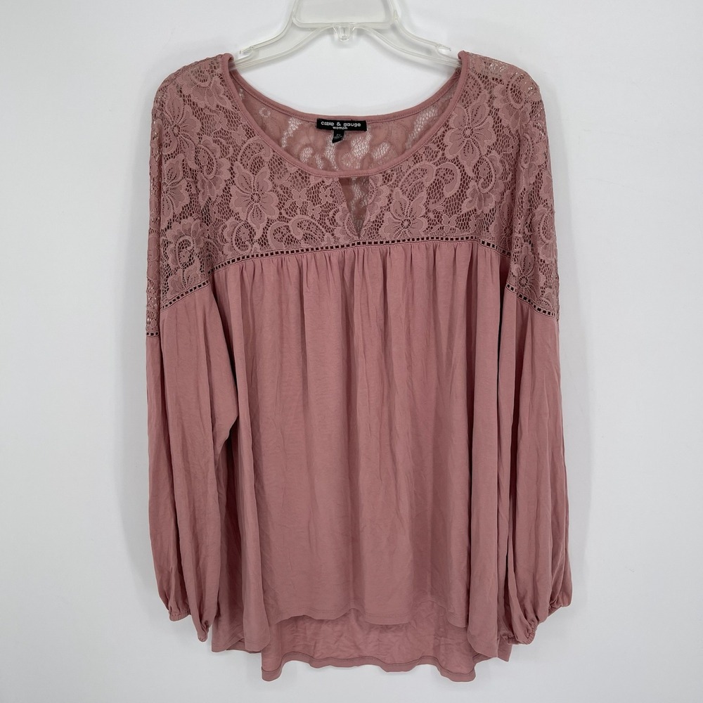 Cable & Gauge Women's Pink Lace Yoke Keyhole Long Sleeve Peplum Boho Top Size 2X